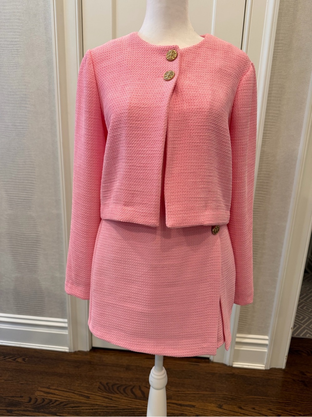 Zara Pink Textured Cropped Jacket & Matching Skirt Set